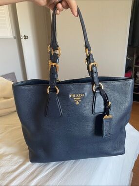 Prada Navy Blue Vitello Daino Leather tote